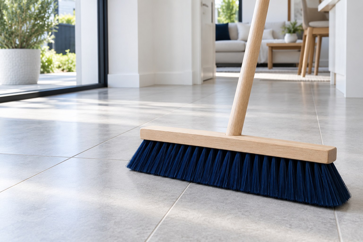 Push broom on a clean tiled floor